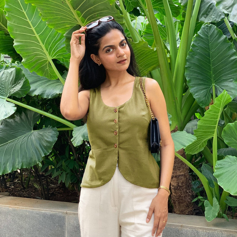 Green Cotton Flax Button-Down Waistcoat