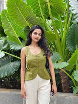 Green Cotton Flax Button-Down Waistcoat