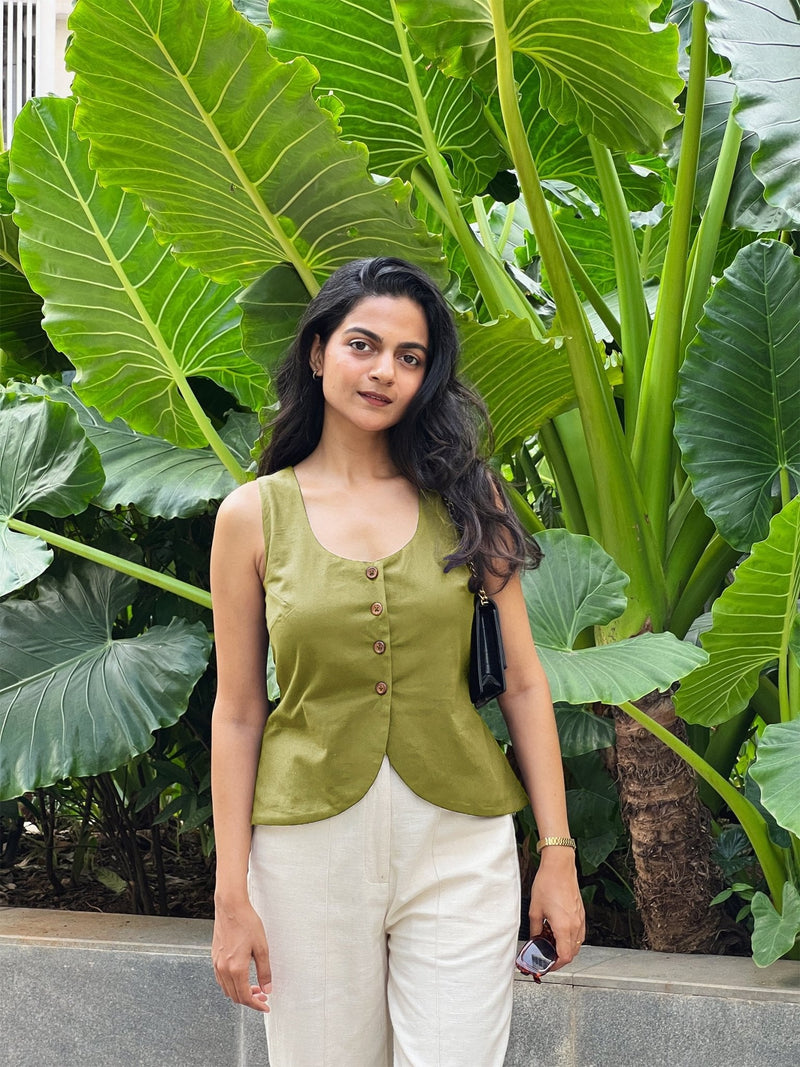 Green Cotton Flax Button-Down Waistcoat