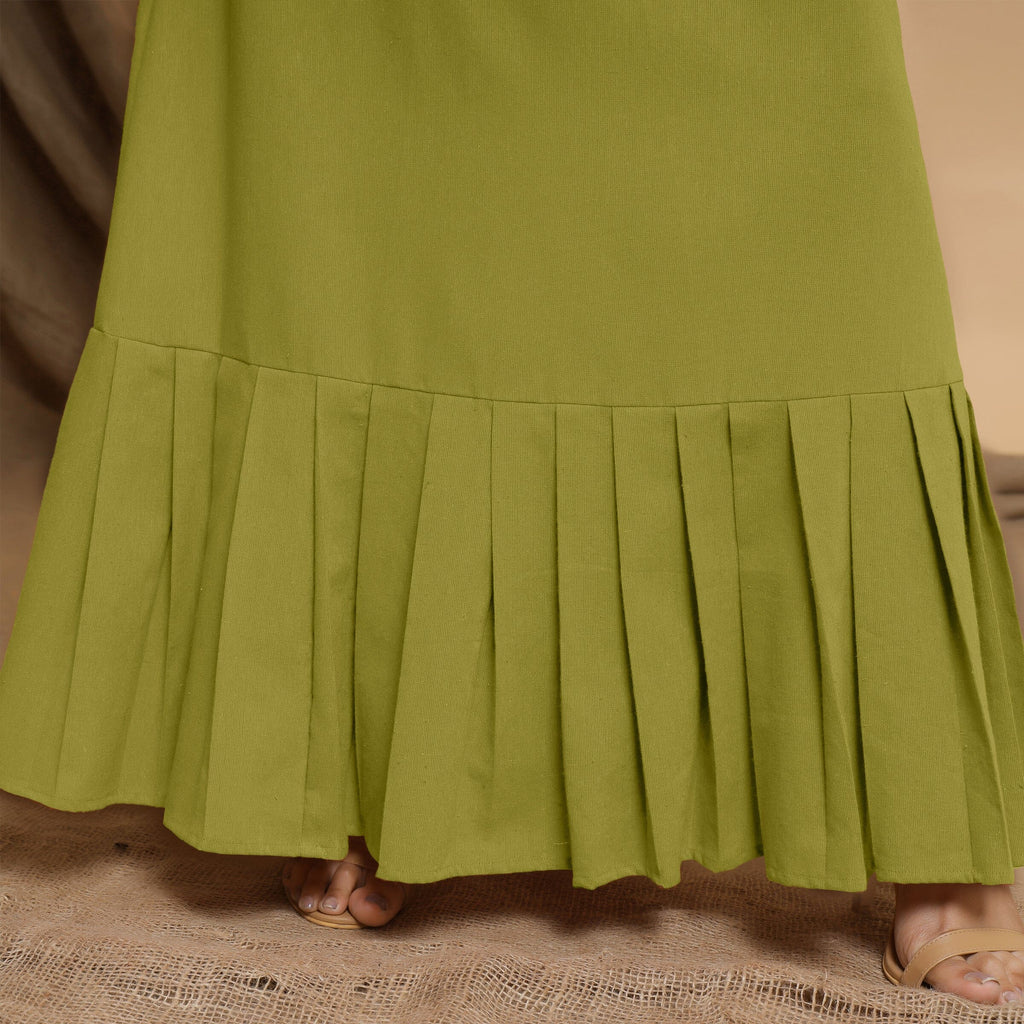 Green Cotton Flax Mandarin Collar Floor Length Tier Dress