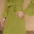Green Cotton Flax Mandarin Collar Floor Length Tier Dress