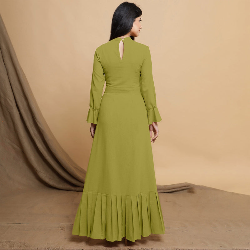 Green Cotton Flax Crew Neck Floor Length Tier Dress