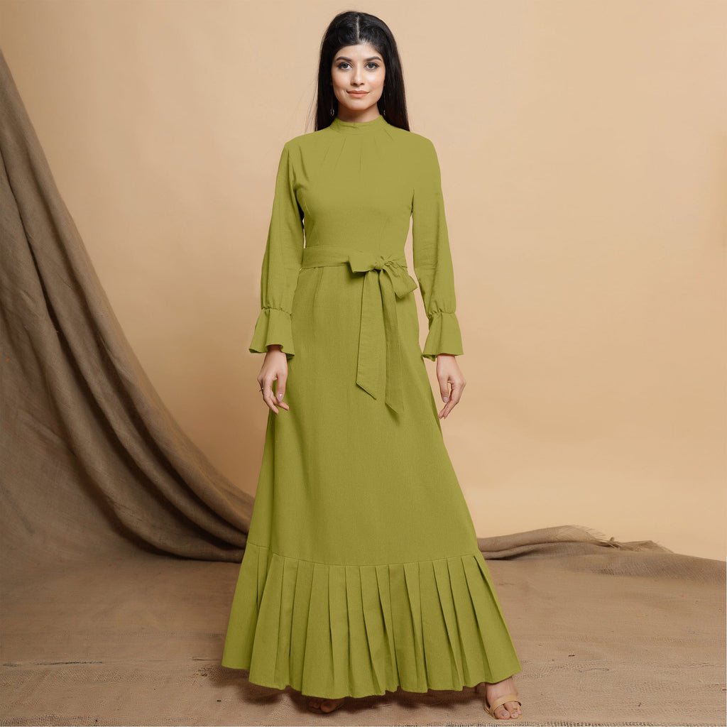 Green Cotton Flax Mandarin Collar Floor Length Tier Dress