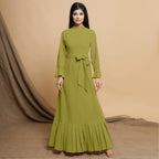Green Cotton Flax Mandarin Collar Floor Length Tier Dress