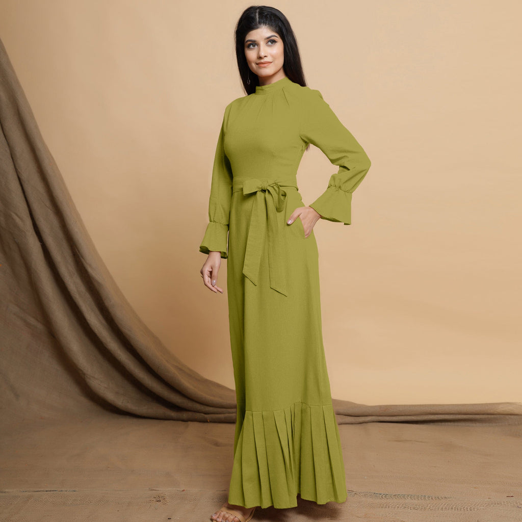 Green Cotton Flax Mandarin Collar Floor Length Tier Dress