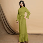 Green Cotton Flax Mandarin Collar Floor Length Tier Dress