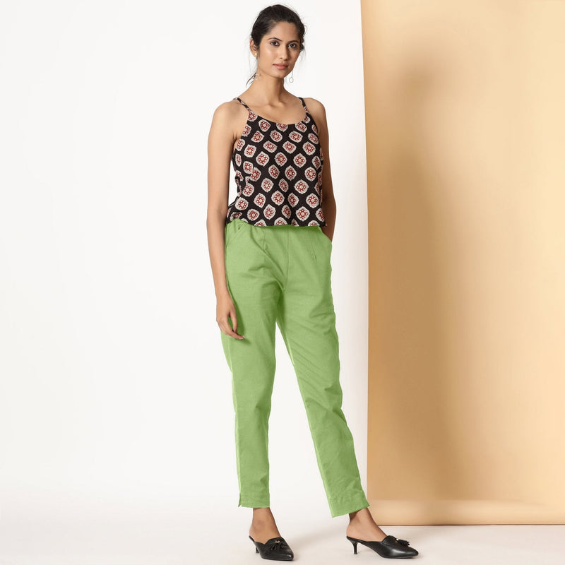 Green Cotton Flax Elasticated High-Rise Tapered Pant