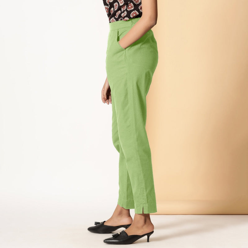 Green Cotton Flax Elasticated High-Rise Tapered Pant