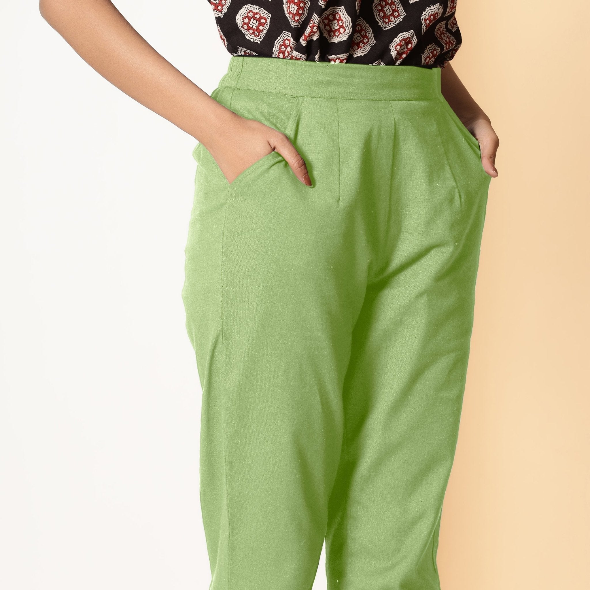 Green Cotton Flax Elasticated High-Rise Tapered Pant