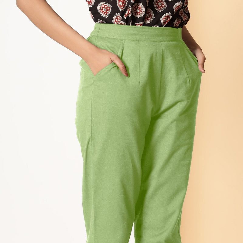 Green Cotton Flax Elasticated High-Rise Tapered Pant