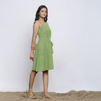 Green Cotton Flax Knee Length Princess Line Dress