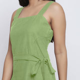 Green Cotton Flax Knee Length Princess Line Dress