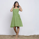 Green Cotton Flax Knee Length Princess Line Dress
