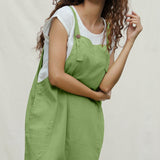 Green Cotton Flax Midi Dungaree Jumpsuit