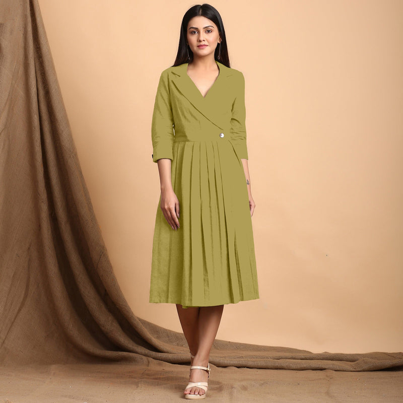 Green Cotton Flax Notched Collar Midi Pleated Wrap Dress