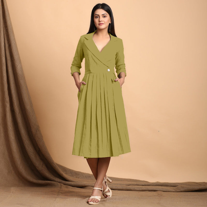 Green Cotton Flax Notched Collar Midi Pleated Wrap Dress