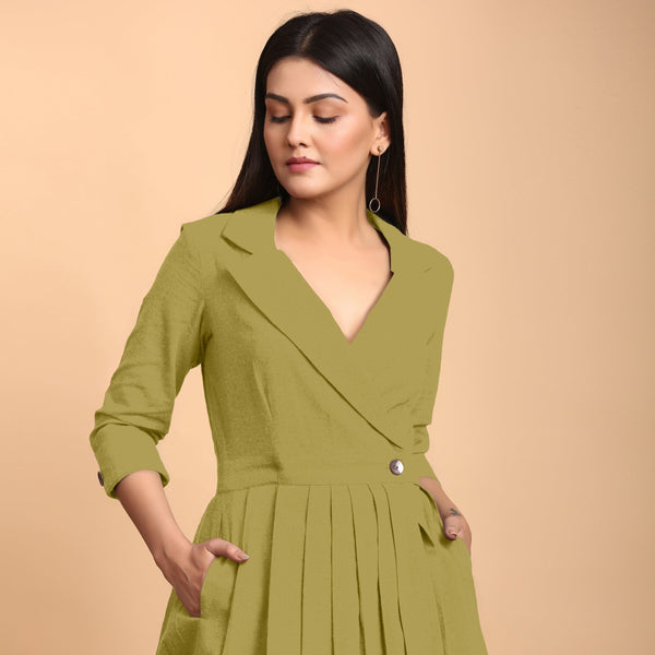 Green Cotton Flax Notched Collar Midi Pleated Wrap Dress