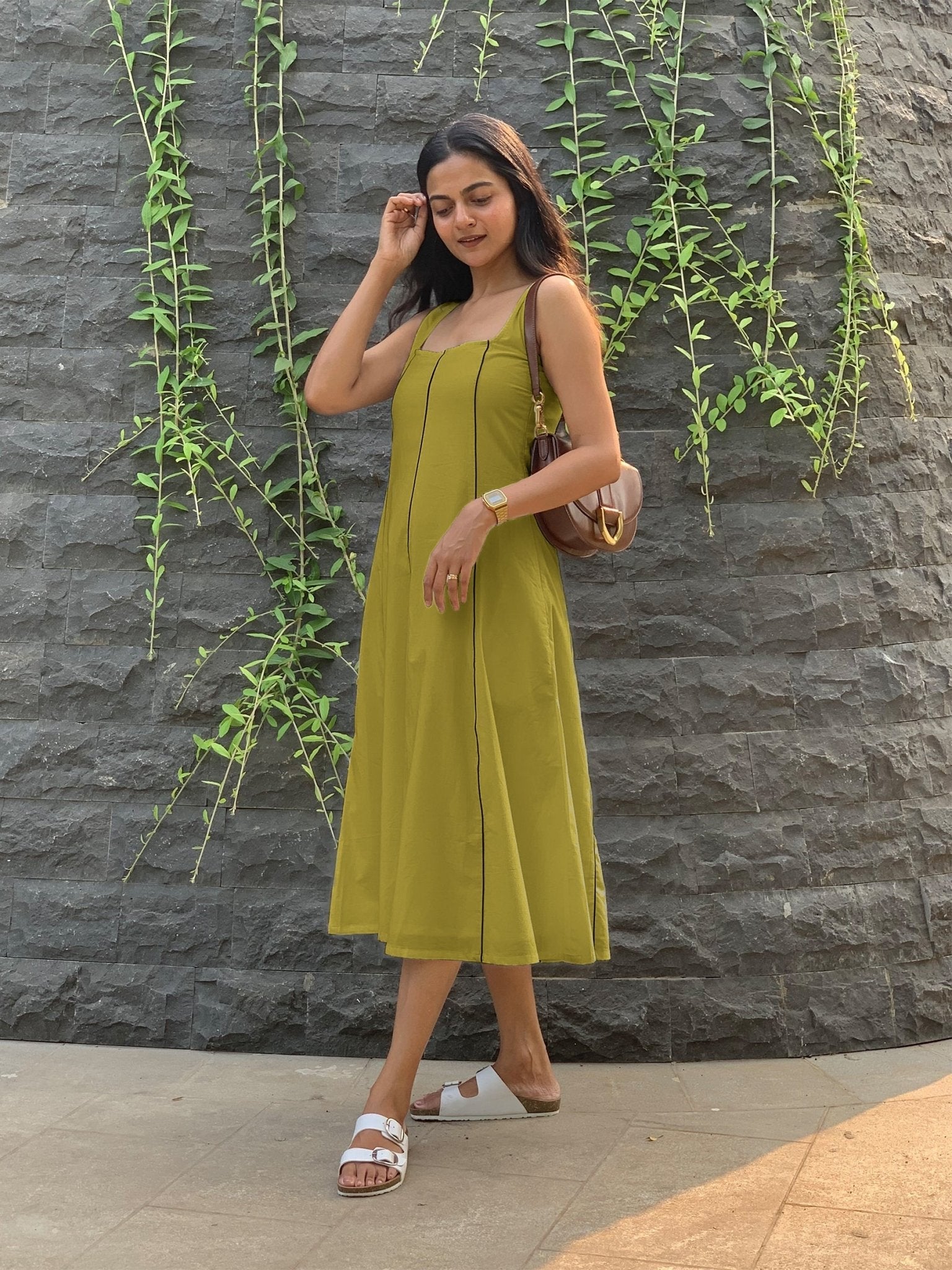 Green Cotton Flax Paneled Midi Dress