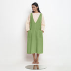 Green Cotton Flax Paneled Midi Shift Dress