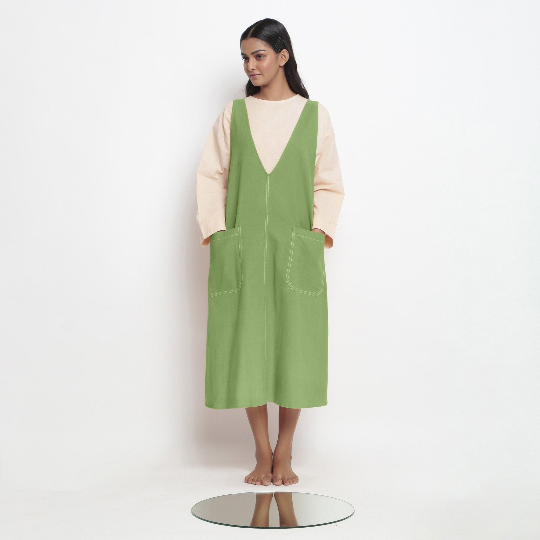 Green Cotton Flax Paneled Midi Shift Dress
