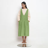 Green Cotton Flax Paneled Midi Shift Dress