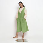 Green Cotton Flax Paneled Midi Shift Dress