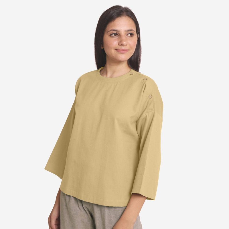 Left View of a Model wearing Green Cotton Flax Round Neck A-Line Top