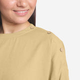 Front Detail of a Model wearing Green Cotton Flax Round Neck A-Line Top