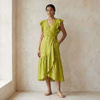 Green Cotton Flax Ruffle Midi Wrap Dress