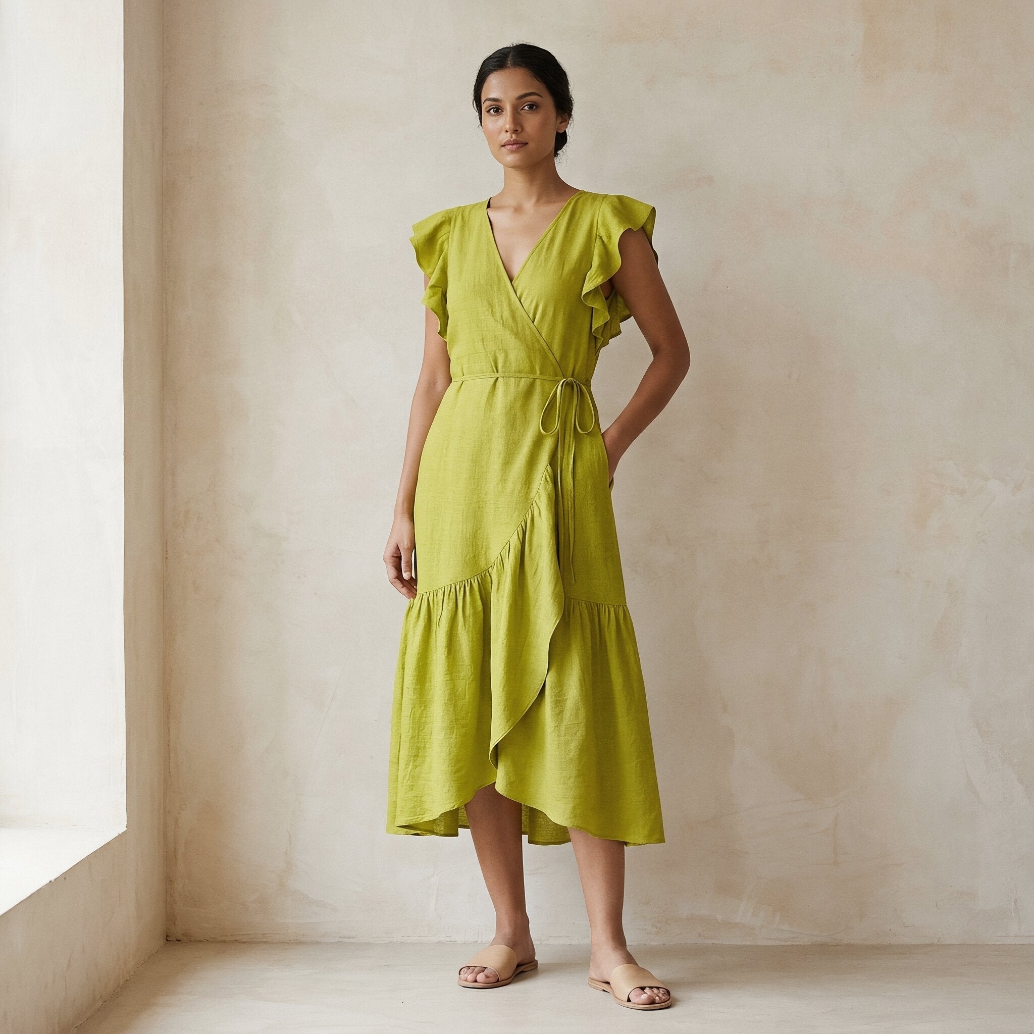 Green Cotton Flax Ruffle Midi Wrap Dress