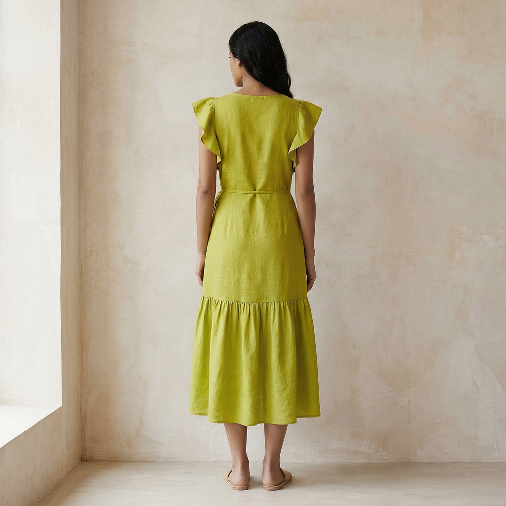 Green Cotton Flax Ruffle Midi Wrap Dress