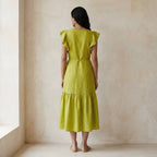 Green Cotton Flax Ruffle Midi Wrap Dress