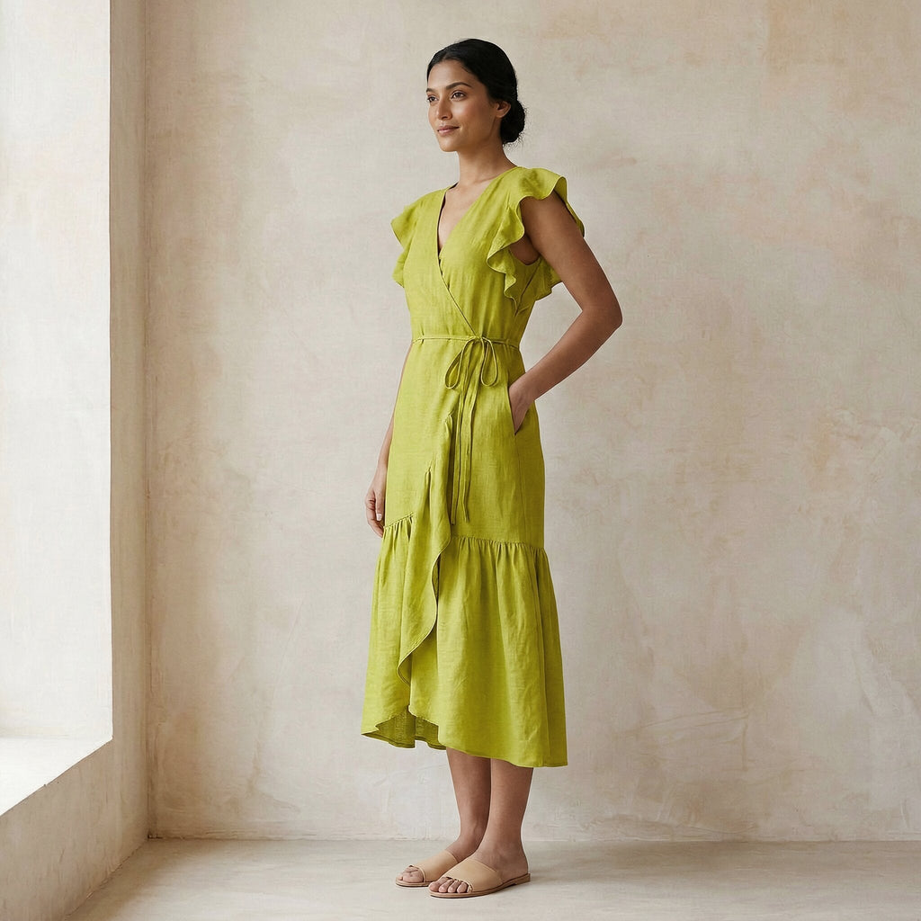 Green Cotton Flax Ruffle Midi Wrap Dress