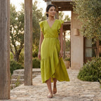 Green Cotton Flax Ruffle Midi Wrap Dress