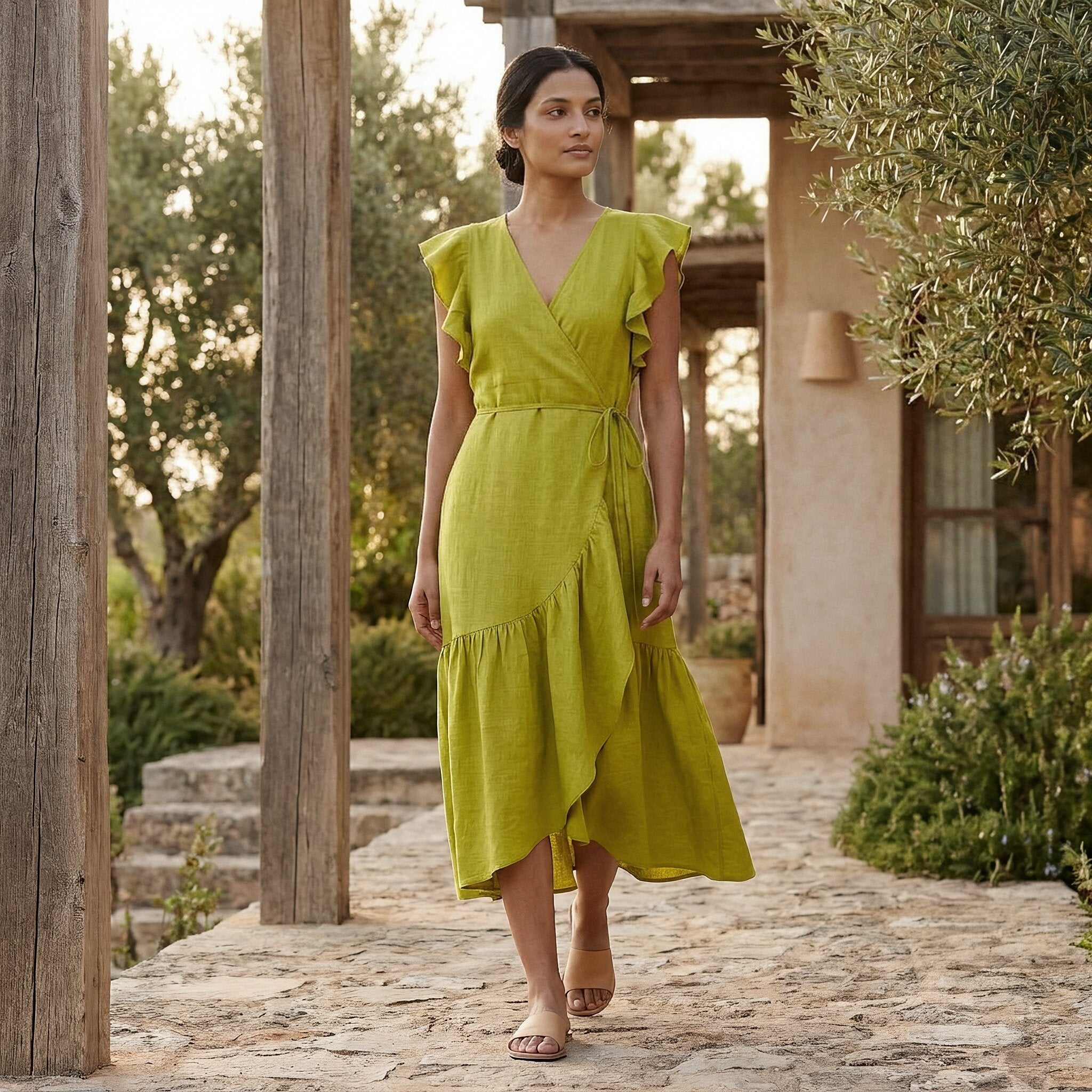 Green Cotton Flax Ruffle Midi Wrap Dress