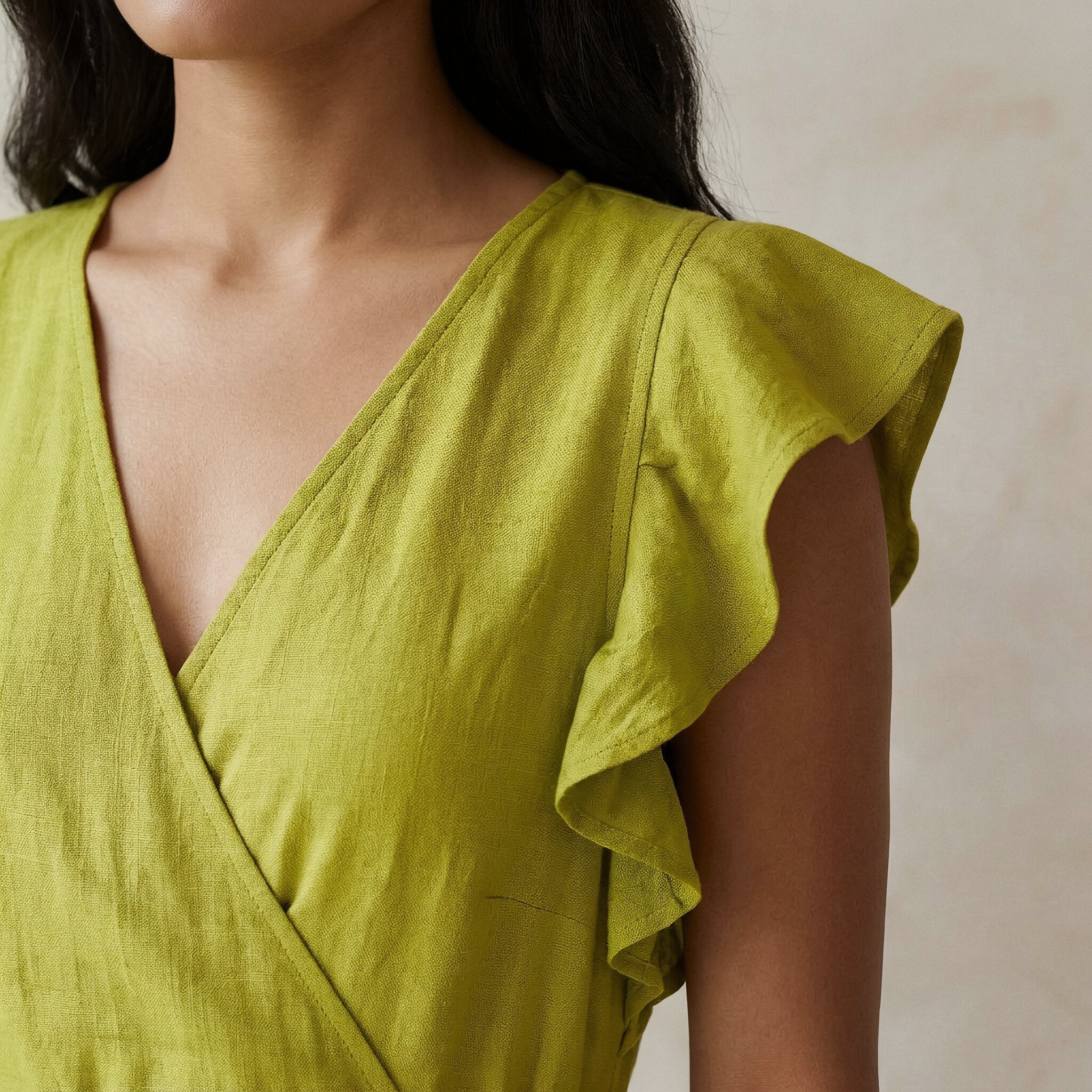 Green Cotton Flax Ruffle Midi Wrap Dress