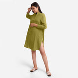 Front View of a Model wearing Green Cotton Flax Shirt Dress