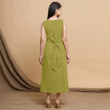 Green Cotton Flax Sleeveless A-Line Midi Dress