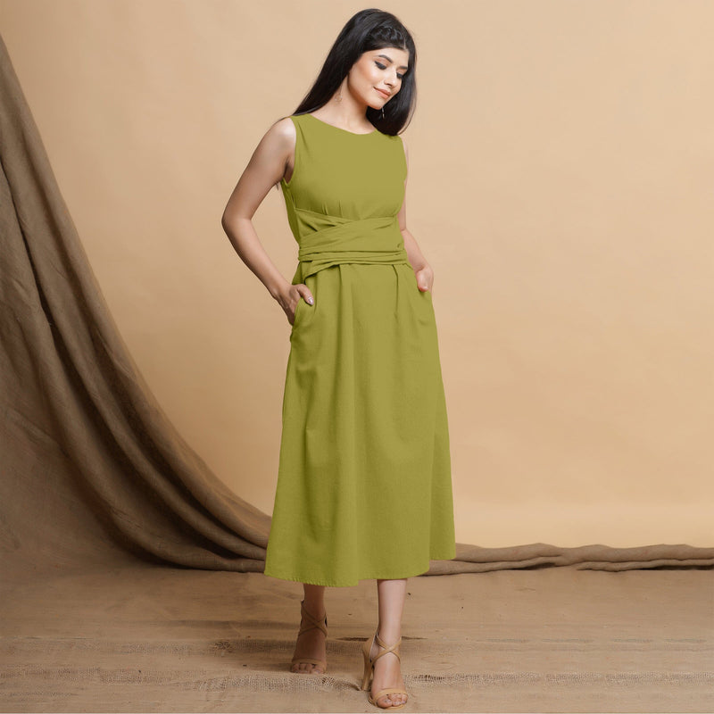 Green Cotton Flax Sleeveless A-Line Midi Dress