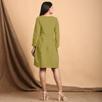 Green Cotton Flax Square Neck Pleated Short Dress