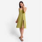 Front View of a Model wearing Green Cotton Flax Strappy Slit Dress