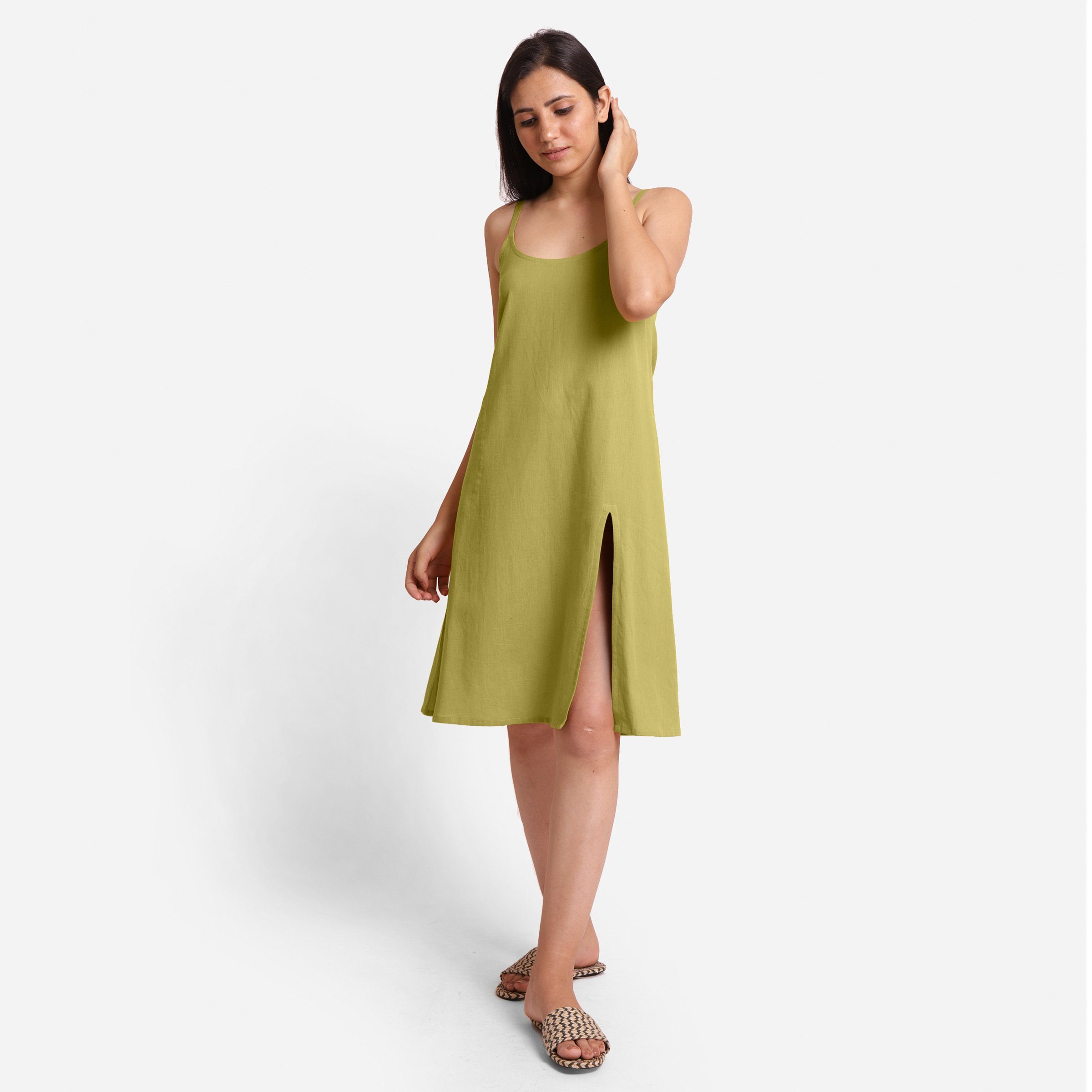 Front View of a Model wearing Green Cotton Flax Strappy Slit Dress