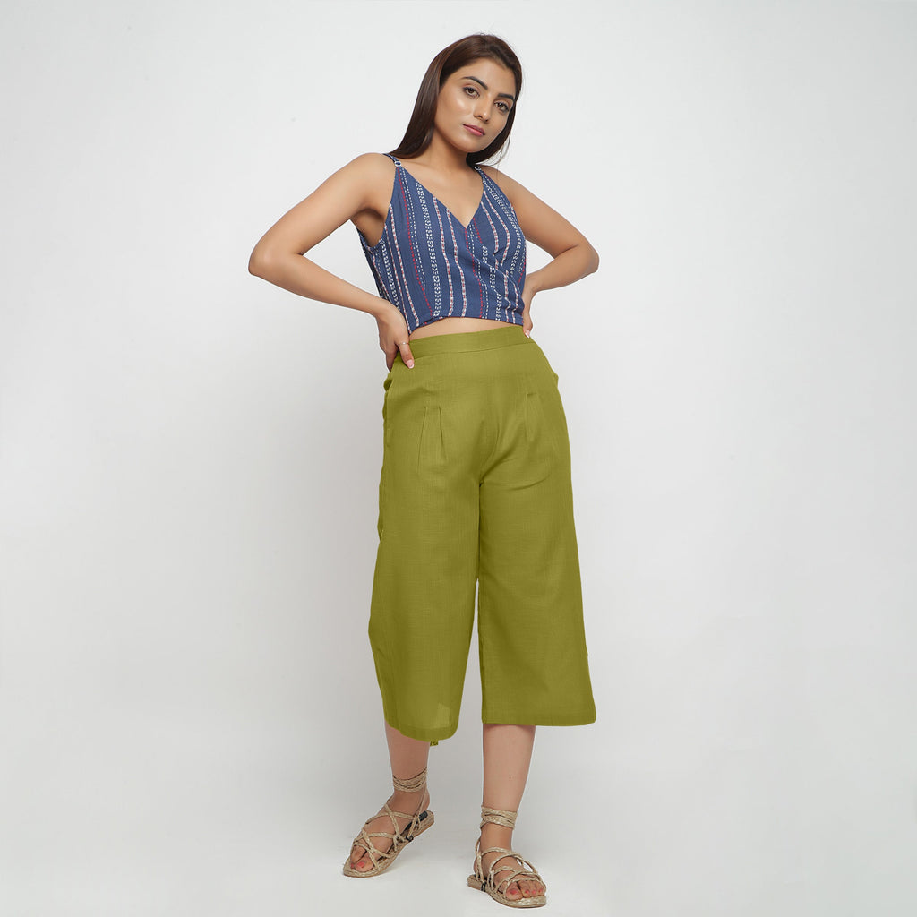 Front View of a Model wearing Green Cotton High Rise Culottes