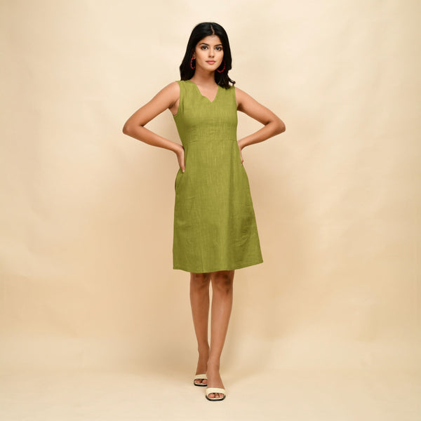 Front View of a Model wearing Green Cotton Slim Fit Short Dress