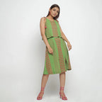 Right View of a Model wearing Green Crinkled Cotton Geometric Knee Length Skirt