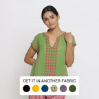 Front View of a Model wearing Green And Red Yarn Dyed A-Line Top