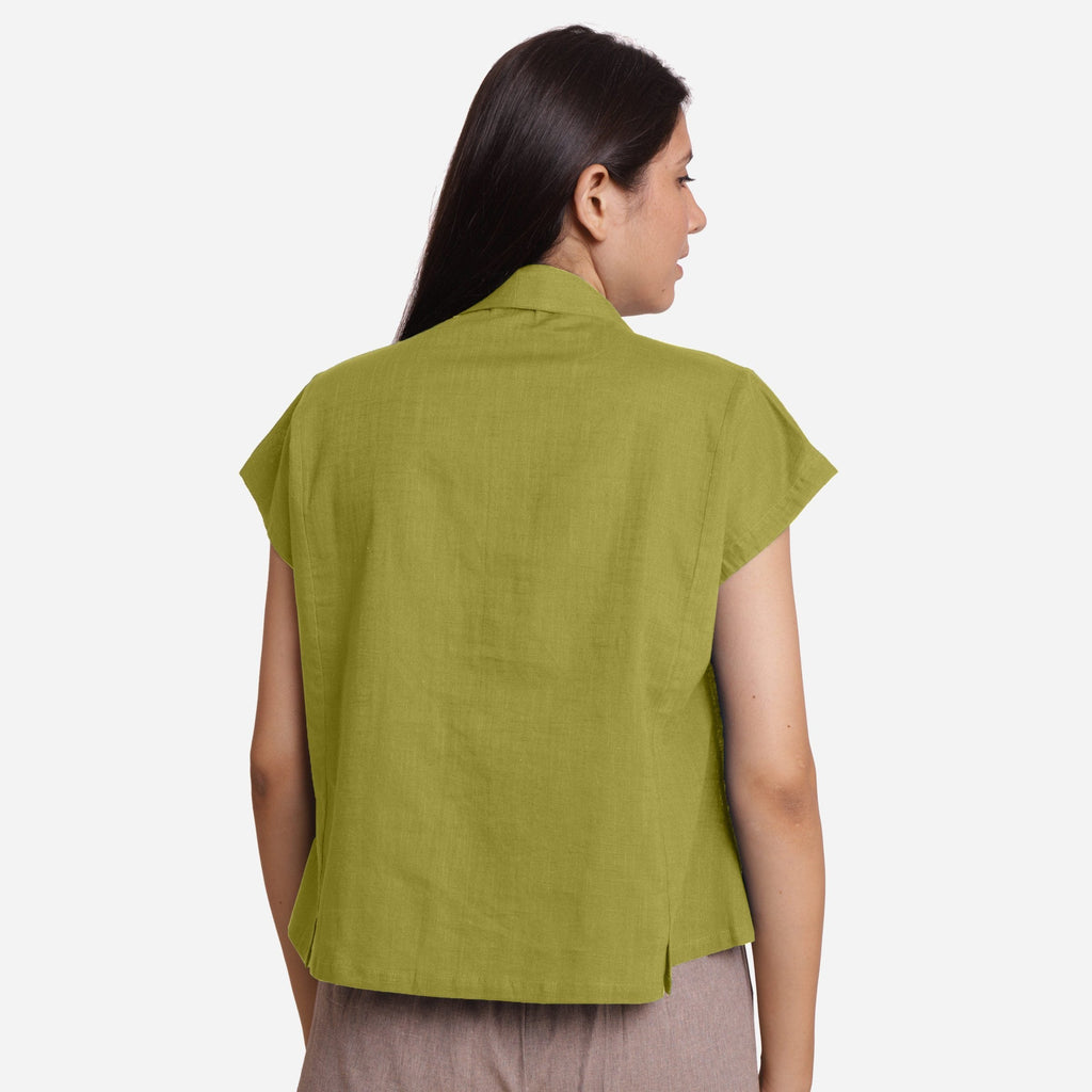 Back View of a Model wearing Green Deep Neck Button-Down Cotton Top