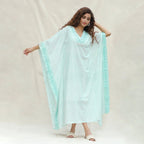 Front View of a Model wearing Green Floral Block Printed Cotton Maxi Kaftan Dress