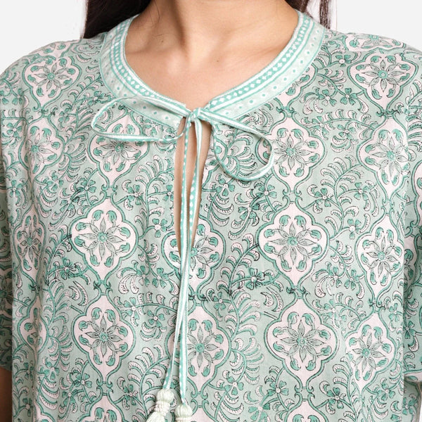 Front Detail of a Model wearing Sanganeri Block Print Floral Tunic Top