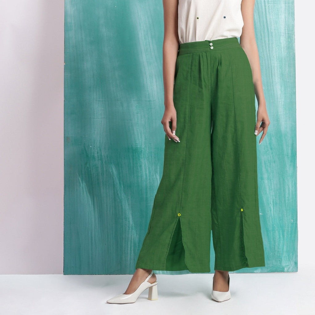 Green Handspun Cotton Elasticated Mid-Rise Wide Legged Pant